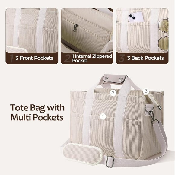 Women Large Corduroy Tote Bag with Pockets Adjustable Strap Everyday Purse - Picture 4 of 7